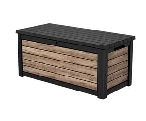 Keter Northwood - Caja para cojines (623 L, 100% resistente al agua, con ventilación, por lo que no tiene mal olor/moho, aspecto moderno de madera, tapa soporta hasta 250 kg, tapa con resortes de gas