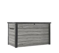Keter Ontario - Caja de almacenamiento para cojines (870 L, impermeable, ventilación, sin olor, desagradable, diseño de madera moderna, tapa con cilindros de gas
