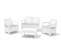 Keter Tarifa Lounge Conjunto de jardín o terraza Exterior 4 plazas y Mesa con Cojines incluidos, Resina con Acabado ratán Redondo, Color Blanco