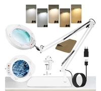 Kevsuvqin 2-EN-1 Lupa con Luz Led para Manualidades, 10X Lupas de Gran Aumento, 5Color & 10Brillo, Lampara con Pinza Metálico & Base Cuadrada Grande, Lampara Lupa Led con Luz para Costura & Reparación