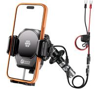 Kewig Soporte para teléfono de horquilla para motocicleta con cargador inalámbrico Qi2 de 15 W y puerto de carga rápida PD/USB-C de 36 W [amortiguador de vibración] [apto para cámara] Soporte de