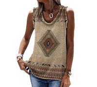 kewing Camiseta sin mangas de mujer con estampado 3D azteca occidental Top suelto casual con escote en V estilo boho étnico Camisa túnica de verano