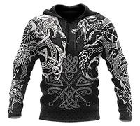 kewing Sudaderas con Capucha con Estampado de Tatuajes Vikingos para Hombres Sudadera con Capucha Suelta Informal con Capucha 3D de Vikingo con Bolsillo