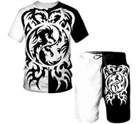 kewing Verano Dragon Lord Pattern Hombres Camisetas+Pantalones Cortos 2PCS Conjuntos Conjunto de pantalón Corto Informal Chándal con Cuello en O Impreso en 3D