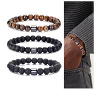 KEWUF 3 Pcs Pulsera Hombre Pulsera de Cuentas de Piedra Natural de Ojo de Tigre Pulseras de Roca de Lava Elásticas Ajustables para Hombres Regalos para Padre Novio Hermano