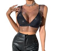 KEWUF Brillante Rhinestone Malla Cuerpo Cadena Tops, para Mujeres Brillante Bikini Crop Top para Discoteca Fiesta Festival, ropa verano mujer para Mujeres y niñas, Negro, Rombo azul, Cuello en V - S