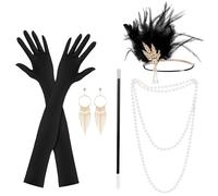 KEWUZY 5pcs Accesorios Años 20 Mujer, Disfraz de Los Años 20 para Mujer, Great Gatsby de Charleston, con Flapper Diadema Guantes Collar de Perlas Pendientes, para Halloween Carnaval