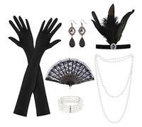 KEWUZY Accesorios Años 20 Mujer 6pcs, 1920s Set de Accesorios, Accesorios de Charleston para Mujer, Great Gatsby Accesorios con Flapper Headband y Abanico para Mascarada Halloween Navidad