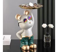 Key Bowl Bear Sculpture Deco, Desk Deco, Key, Hallway Deco, Money Box with Tray Stainless Steel, Resin,White D