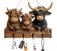 Key Holder for Wall - Cow Design Wooden 4 Hooks Organizer | Rustic Decorative Key Rack Wall Mount for Hat, Coat, Bag, Backpack, Purse, Home Entryway, Living Room, Bedroom, Kitchen Use