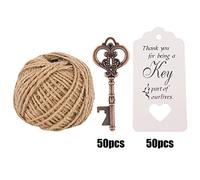 Key shaped Bottle Opener with Tag Card Twine for Wedding Guests Gift Party (50Pcs+tag+hemp rope)