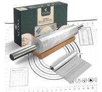Keyana Rodillo de mármol con asas de acero inoxidable, tapete de silicona, rascador de masa y cuna de madera, regalo ideal para panaderos y entusiastas de la cocina casera