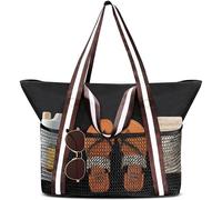 Keyck Bolsa Playa Mujer, Bolso de Playa Impermeable con Cremallera Bolso Playa Grande XXL Familiar, Plegable Bolsa Juguetes Playa con Múltiples Bolsa Tote para Playa Viajes Piscina, Negro