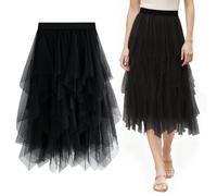 Keyck Falda Tul Mujer, Tutu Elástica Midi Larga Irregular Bajo la Faldas en Capas, Elegante Tutu Tul Falda Plisada A-Line, Carnaval Fiesta Bodas Disfraz Ballet Party, Negro
