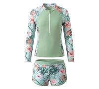 Keyck Traje de Baño Niña 2 Piezas Manga Larga Rash Guard 9-10 Años, Verde