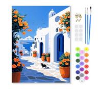 KEYIFA Gato en un Edificio Azul Pintar por Numeros Adultos con Marco, Paint by Number Kits con Pinceles y Acrílico, DIY Pintura al óleo Colorear Lienzo Manualidades, Decoración del Hogar 20x30cm