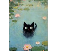 KEYIFA Pintar por Numeros Adultos, Gato negro en Estanque Paint by Number Kits con Pinceles y Pigmento Acrílico, DIY Pintura al óleo Colorear Lienzo Manualidades, Decoración del Hogar 30x40CM