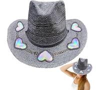 KeyoGoS Cowgirl Straw Prism Hat, Cosmic Cowboy Straw Prism Hat,Handmade Celestial Ha t Cosmic Cowboy Tan Beach Rainbow Moon and Stars, A02, Talla única