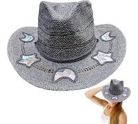 KeyoGoS Cowgirl Straw Prism Hat, Cosmic Cowboy Straw Prism Hat,Handmade Celestial Ha t Cosmic Cowboy Tan Beach Rainbow Moon and Stars, A01., Talla única