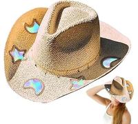 KeyoGoS Cowgirl Straw Prism Hat, Cosmic Cowboy Straw Prism Hat,Handmade Celestial Ha t Cosmic Cowboy Tan Beach Rainbow Moon and Stars, A04, Talla única