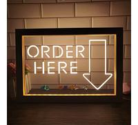 KEYQEEN Order Here Letrero de neón LED, decoración de Tienda de cajero USB RGB 7 Colores oscurecimiento Marco de Fotos de Madera lámpara de Mesa Escritorio Luces de neón,32x22cm