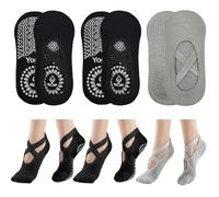KEYRI 2 Pares Calcetines Pilates Yoga para Mujeres Niñas, Calcetines Antideslizantes Calcetine De Agarre medias de ballet con Asas y Correas, Low Top Calcetine Deportivos (Algodón, 2Negros + 1Gris)