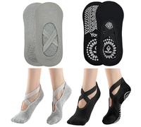 KEYRI 2 Pares Calcetines Pilates Yoga para Mujeres Niñas, Calcetines Antideslizantes Calcetine De Agarre medias de ballet con Asas y Correas, Low Top Calcetine Deportivos (Algodón, 1Negros + 1Gris)
