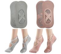 KEYRI 2 Pares Calcetines Pilates Yoga para Mujeres Niñas, Calcetines Antideslizantes Calcetine De Agarre medias de ballet con Asas y Correas, Low Top Calcetine Deportivos (Algodón, 1Rosa + 1Gris)