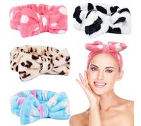 KEYRI 4 Piezas Diadema Para Mujer, Diadema de Maquillaje Diademas Skincare Cinta Pelo Maquillaje de Forro Polar Coral Elástica Diademas para Ducha Deporte (Blanco, Rosa, Azul, Leopardo, Talla única)