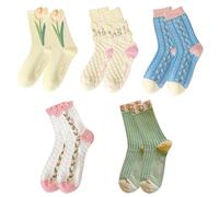 KEYRI 5 Par Calcetines vintage con flores de tulipán para divertidos bonitos Mujer Algodon Calcetine estampados (FR/ES, Letras, Talla única, Regular, Regular, 5)
