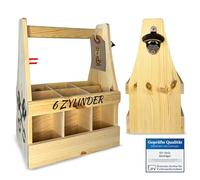 KF-Holz Portabotellas con abrebotellas (para 6 botellas), portabotellas con impresión en ambos lados, bolso de mano de madera para hombre, naturaleza, 6 portacervezas con motivos de pistón