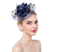 KFGISD, Diadema de plumas de malla con flores for mujer, for boda, iglesia, cóctel, fiesta de té, sombrero,Horquilla con flores y plumas(Navy)