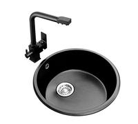 KFGISD, Fregadero de cocina redondo, fregadero de piedra de cuarzo negro, fregadero de barra, fregadero de cocina, fregadero pequeño de granito for balcón,Fregaderos de Cocina(46 * 46 * 21Cm)