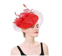 KFGISD, Sombrero de plumas for iglesia o boda, tocado de malla for mujer, tocado de malla for cóctel,Horquilla con flores y plumas(Red)