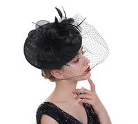 KFGISD, Tocado de plumas con velo, sombrero formal for boda, for mujer, for iglesia, cóctel, fiesta de té,Horquilla con flores y plumas(Black)
