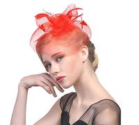 KFGISD, Tocado de plumas for boda, iglesia, mujer, flores, malla, cintas, diadema, cóctel, fiesta de té, sombrero, tocado,Horquilla con flores y plumas(Red)