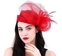 KFGISD, Tocados de boda for novia, cóctel, iglesia, fiesta, velo de plumas, cóctel, fiesta de té, tocados,Horquilla con flores y plumas(Red)