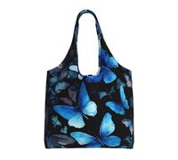 Kfjghhl Bolsas de tela ligeras y reutilizables con diseño de mariposas azules, flores blancas, bolsas de tela para compras, promoción, regalo