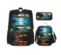 Kfjghhl Estuche con diseño de búho, calabaza, feliz Halloween, bolsa de almuerzo para niños y niñas, juego de mochila escolar para la universidad, laptop, estudiantes, verano