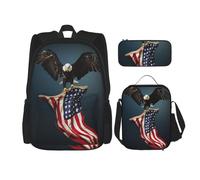 Kfjghhl Estuche para lápices con diseño de águila calva en 3D con bandera americana, mochila y bolsa de almuerzo para niños y niñas, juego de mochila escolar para estudiantes universitarios