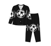 Kfjghhl I Love Soccer - Conjunto de pijama suave de dos piezas para mujer, conjunto de pijama de manga larga, pantalones a cuadros, bolsillos para dormir, Negro, L