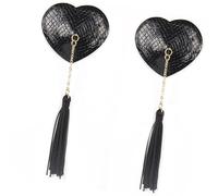 Kfwfuaee Corazón en forma de corazón PU adhesivo de cuero adhesivo pezón pegatinas reutilizables para pezones con borlas para mujeres lencería pasteles de mama fechas de boda pasteles nocturnos, Negro