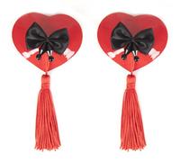 Kfwfuaee Corazón en forma de corazón PU adhesivo de cuero adhesivo pezón pegatinas reutilizables para pezones con borlas para mujeres lencería pasteles de mama fechas de boda pasteles nocturnos, rojo
