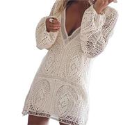 KFXYSM Camisola Playa Mujer,Vestidos Tejidos Crochet Vestido Playero Sexy de Encaje con Escote en V y Espalda Descubierta for Mujer, Vestido Corto for Fiesta de Vacaciones, Pareo de Bikini(White,M)