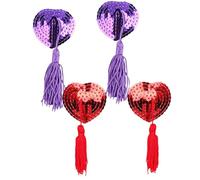 KGDUYC 2 pares Pezones Pegatinas, Funda Pezón Autoadhesiva con Borlas Lentejuelas Sensuales Femeninas Reutilizables Lencería Forma Corazón Sujetador Femenino Cremosas Pezones (rojo + morado)