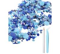 KGDUYC Serie azul Mezcla de diamantes de imitación con reverso plano Medias perlas para manualidades Tamaño mixto 3 mm-10 mm, Perlas con reverso plano para vasos de bricolaje Tazas (40g)