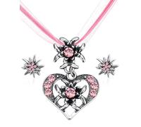 KGDUYC Set de 3 Joyas Bávaras Tradicionales Collar de Traje Tradicional con Colgante de Corazón de Edelweiss de Diamantes de Imitación y Aretes de Edelweiss para Mujeres Festival de Cerveza - rosa