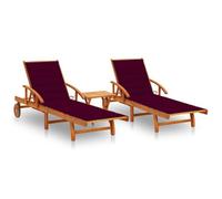 KGFHERENB Juego de 2 tumbonas con mesa y cojines de madera de acacia | Tumbona plegable de jardín de madera maciza engrasada con ruedas y cojines de color burdeos para terraza