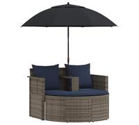 KGFHERENB Sofá de jardín de 8 piezas, polirratán, gris y azul marino | Moderno salón exterior con sombrilla inclinable, cojín suave y taburete flexible para jardín, terraza y piscina.