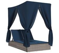 KGFHERENB Tumbona doble con techo y cortinas, color gris | Tumbona de jardín ajustable de poliratán con cojines de color azul marino y cortinas de protección solar para terrazas y